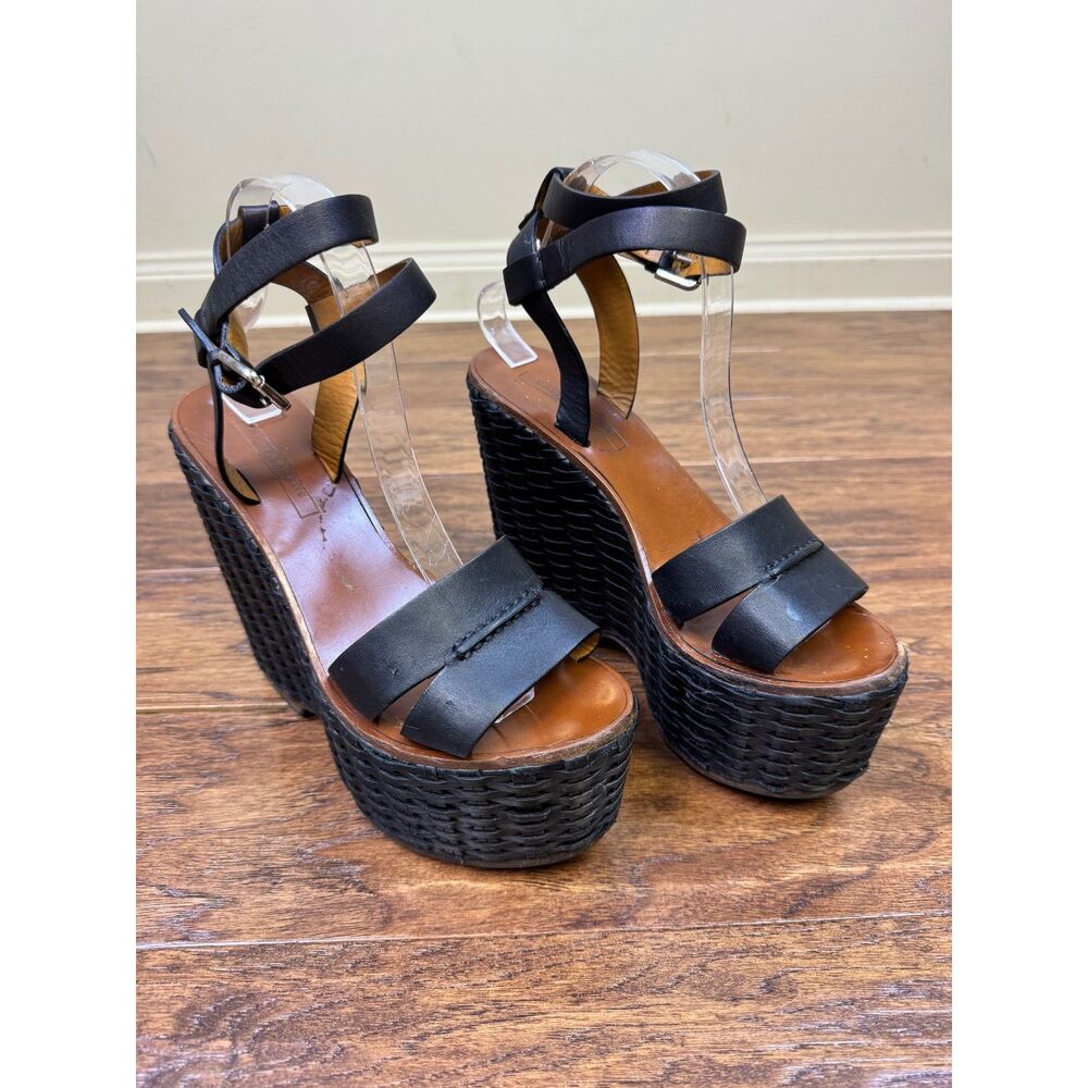 RALPH LAUREN COLLECTION Black/Brown Rattan Ankle Strap Platform Wedges, Sz 8.5B